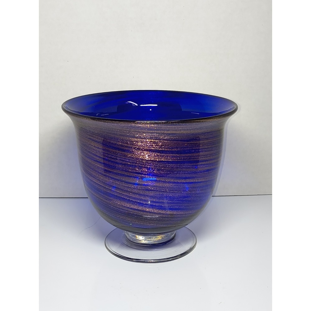 Cobalt Blue Glass Copper Mica Aventurine Swirl Pedestal Bowl Vase‎ Centerpiece